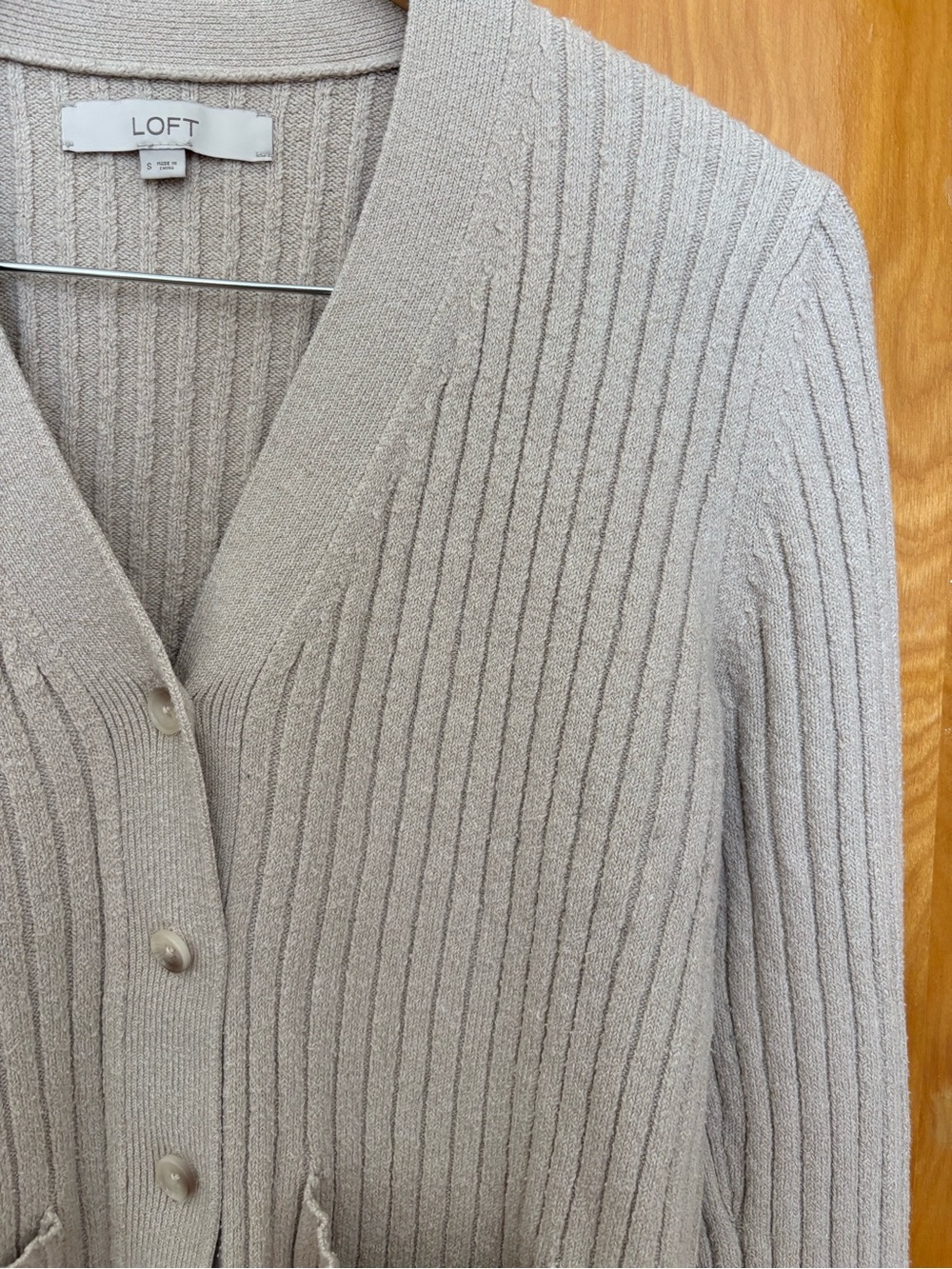 LOFT Beige Ribbed V-Neck Button Cardigan - Picture 2 of 4